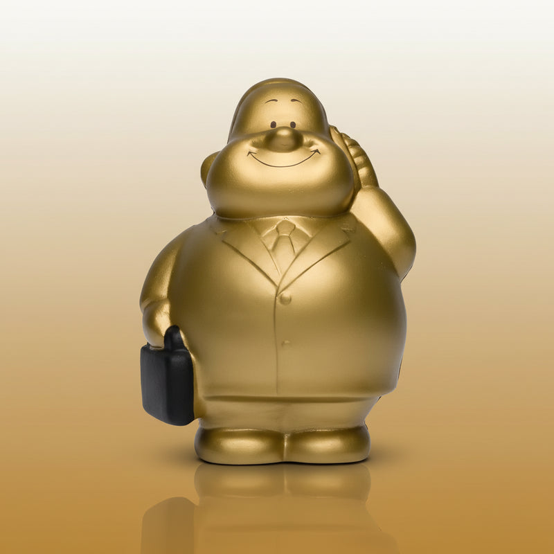 Gold bert anti stress quetsch figur goldene glänzende figur eines lächelnden geschäftsmanns mit aktentasche