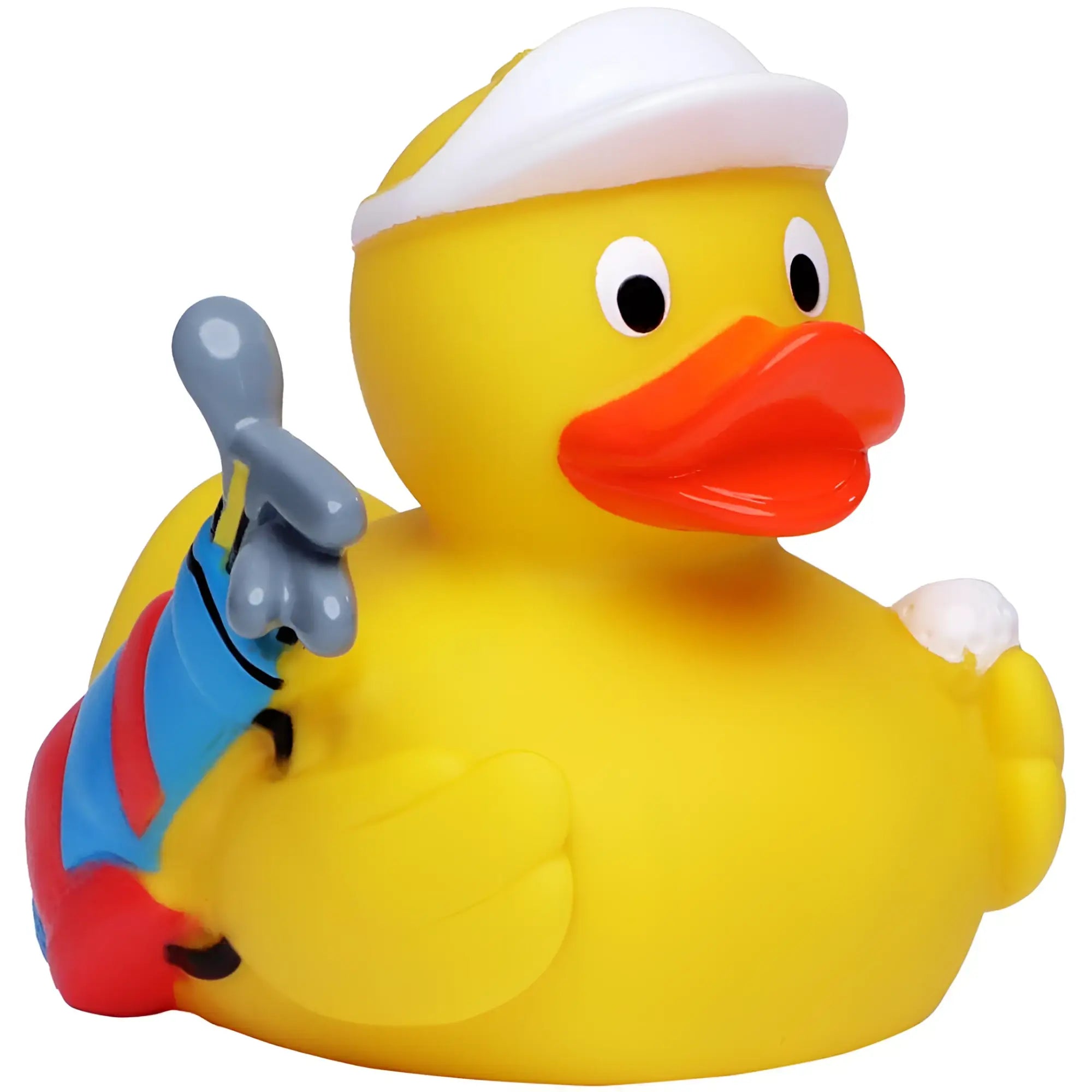 Gelbe quietscheente mit weißer cap und miniature golfbag als golfer badeente spielzeug