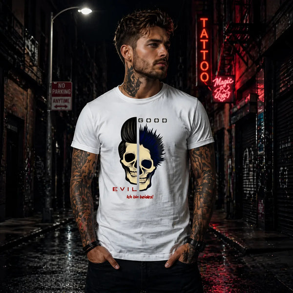 Weißes unisex premium t-shirt aus bio-baumwolle mit gut böse totenschädel grafik creme schwarz design