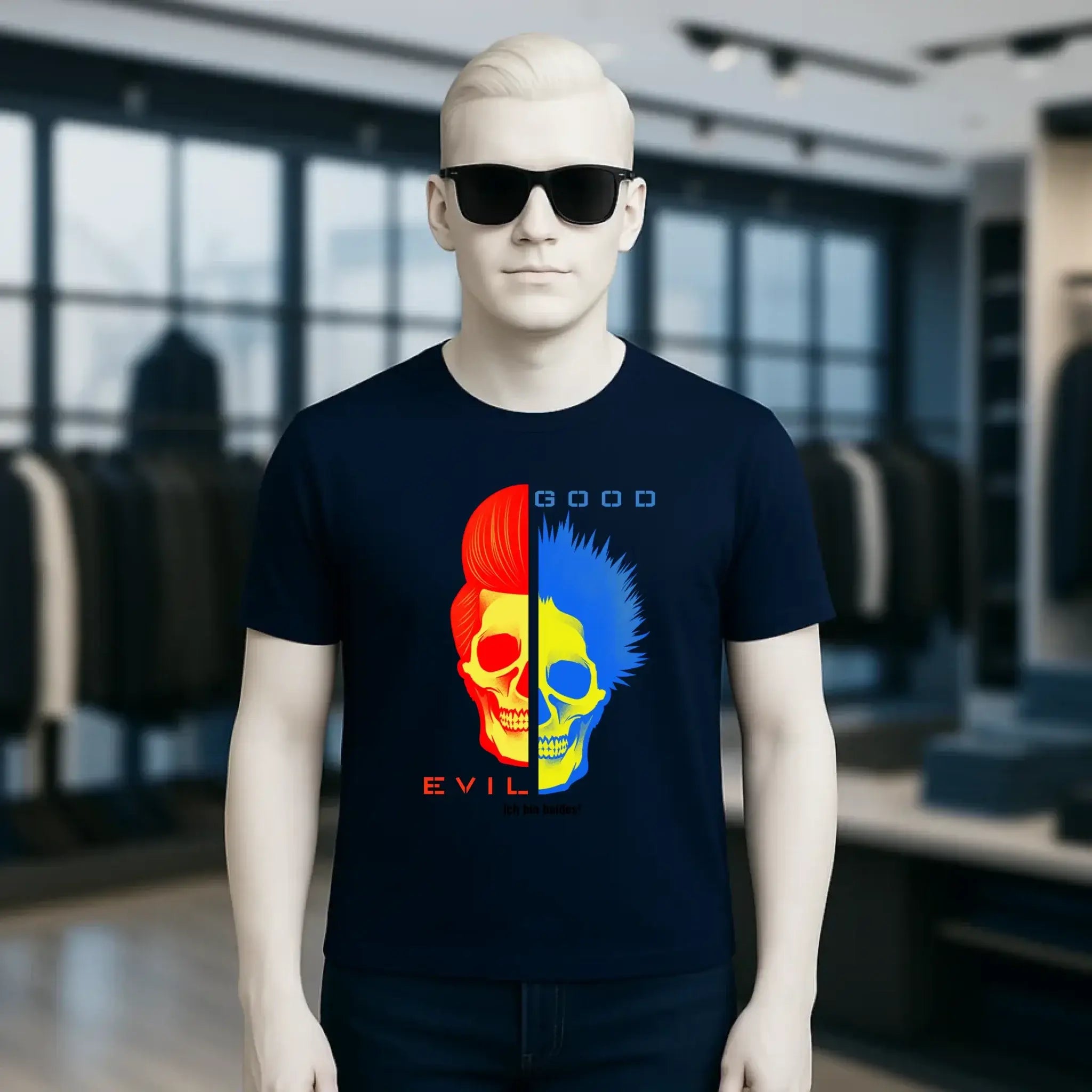 Schwarzes goodn evil organic basic shirt mit rot-blau geteilter schädelgrafik und good evil beschriftung