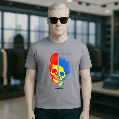 Gray cotton t shirt mit geteiltem schädel in rot und blau und text evil ich bin beides auf organic basic shirt good n evil red blue