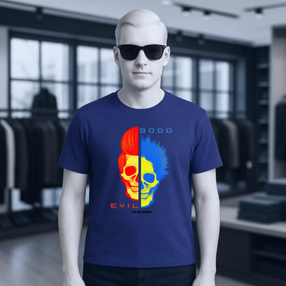 Navyblaues good n evil organisches basic shirt mit lebendigem zweifarbigen schädel in rot und blau