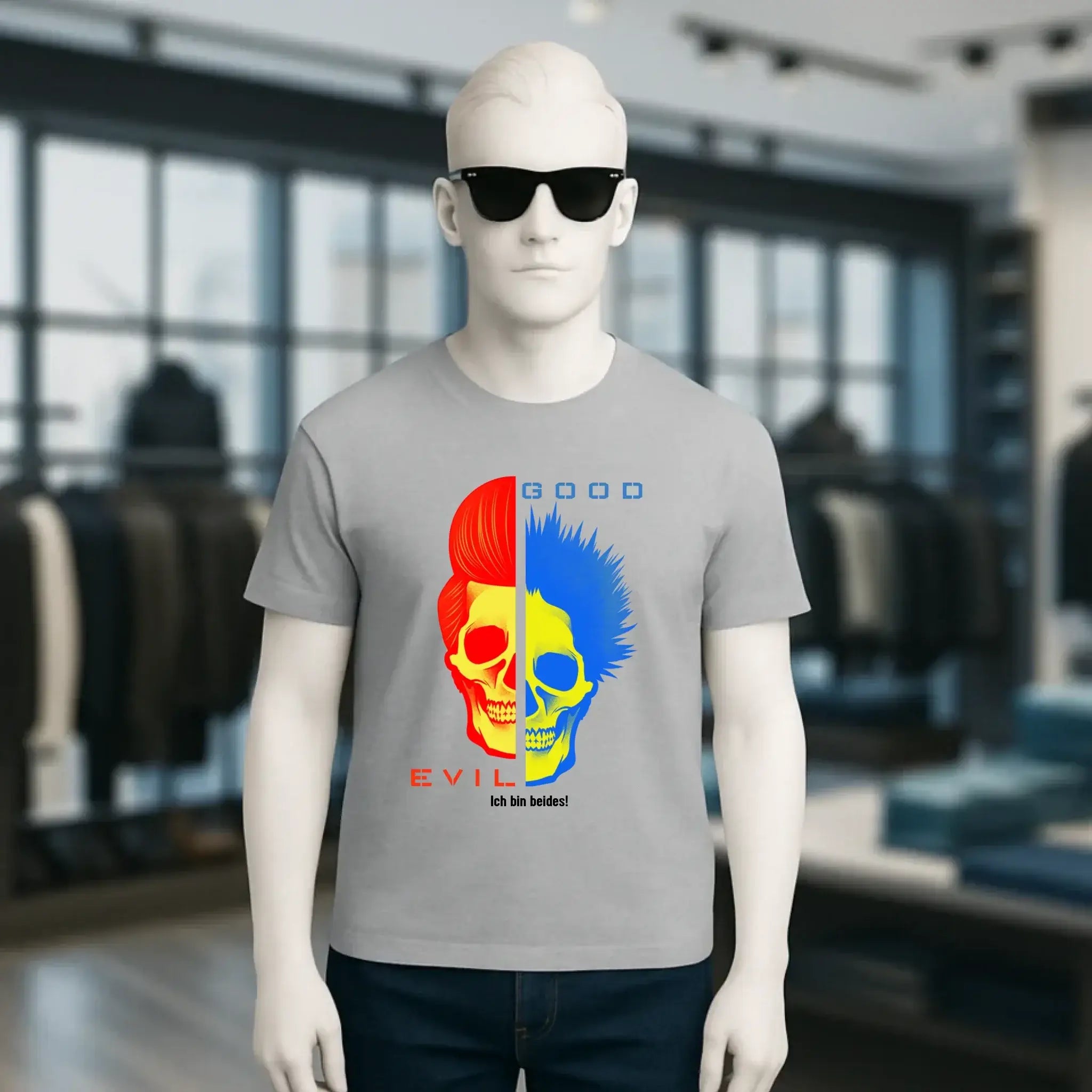 Graues goodn evil organic basic t shirt aus baumwolle mit buntem schädelprint und evil schriftzug in rot und blau