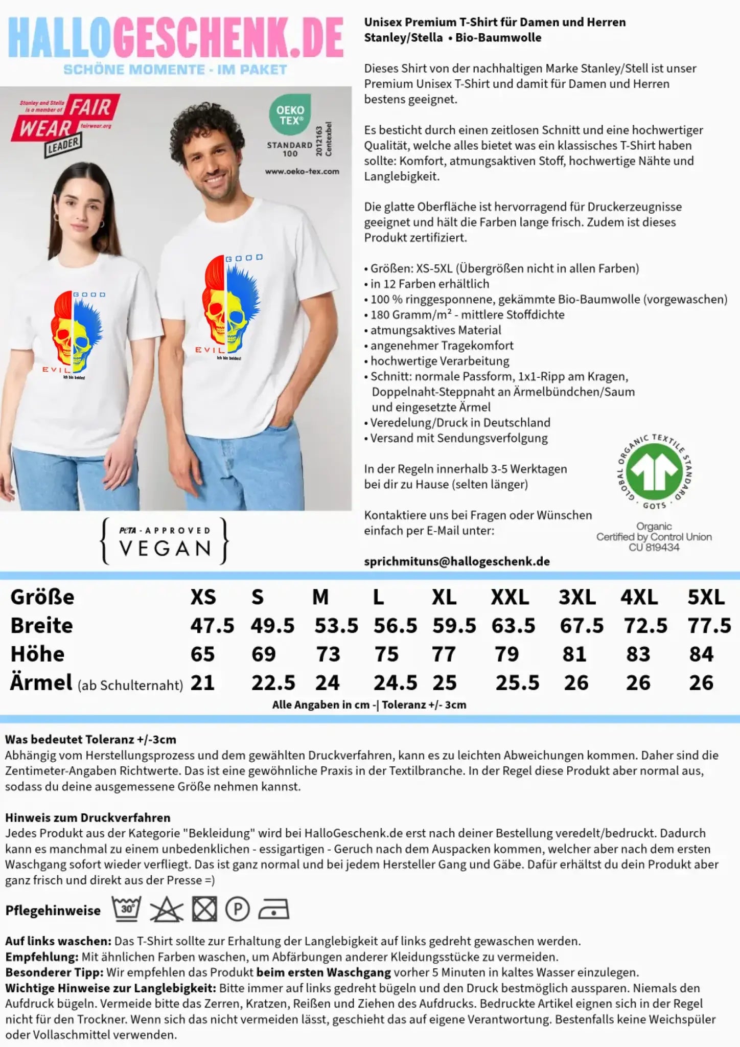 Weißes gutes n böses bio basic shirt mit buntem abstraktem regenbogendesign vorne