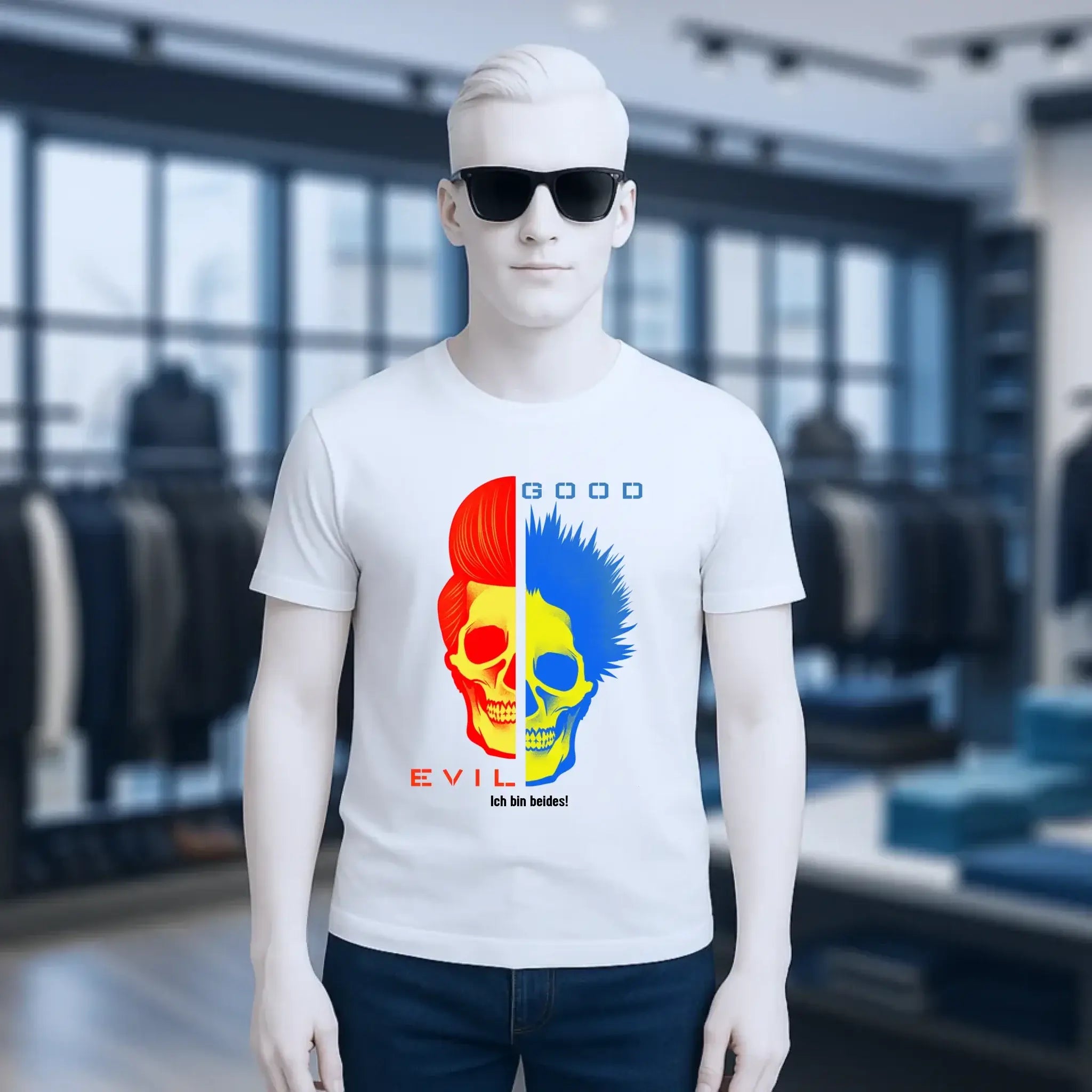Organic basic shirt weiß mit geteilter skull grafik und rotem und blauem haar gut und böse text