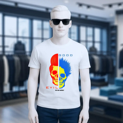 Organic basic shirt weiß mit geteilter skull grafik und rotem und blauem haar gut und böse text