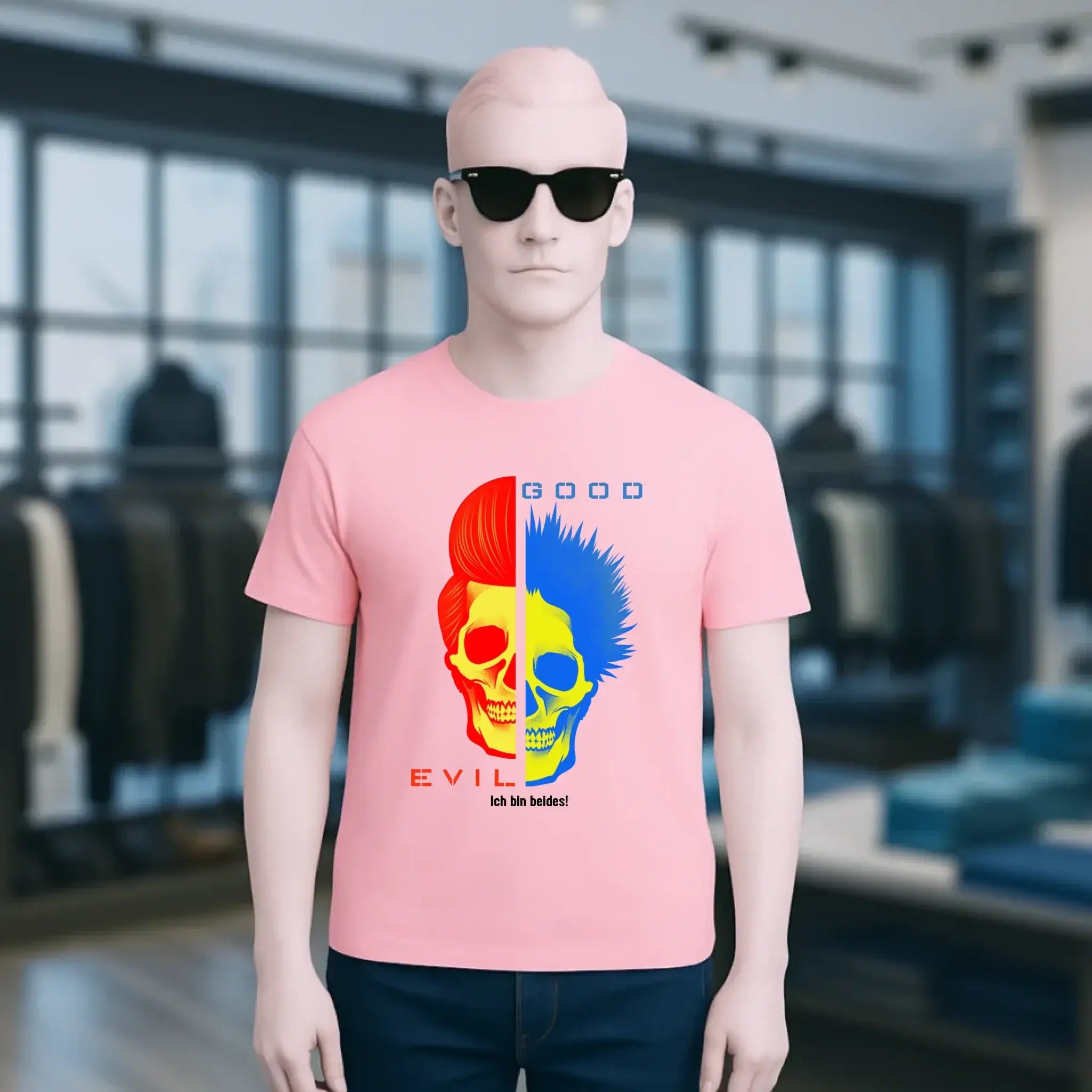 Pink kurzarmshirt goodn evil mit gespaltenem schädelmotiv rot blauem haar aus bio baumwolle
