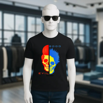 Black organic basic shirt good n evil with short sleeves and split skull graphic in red and blue colors