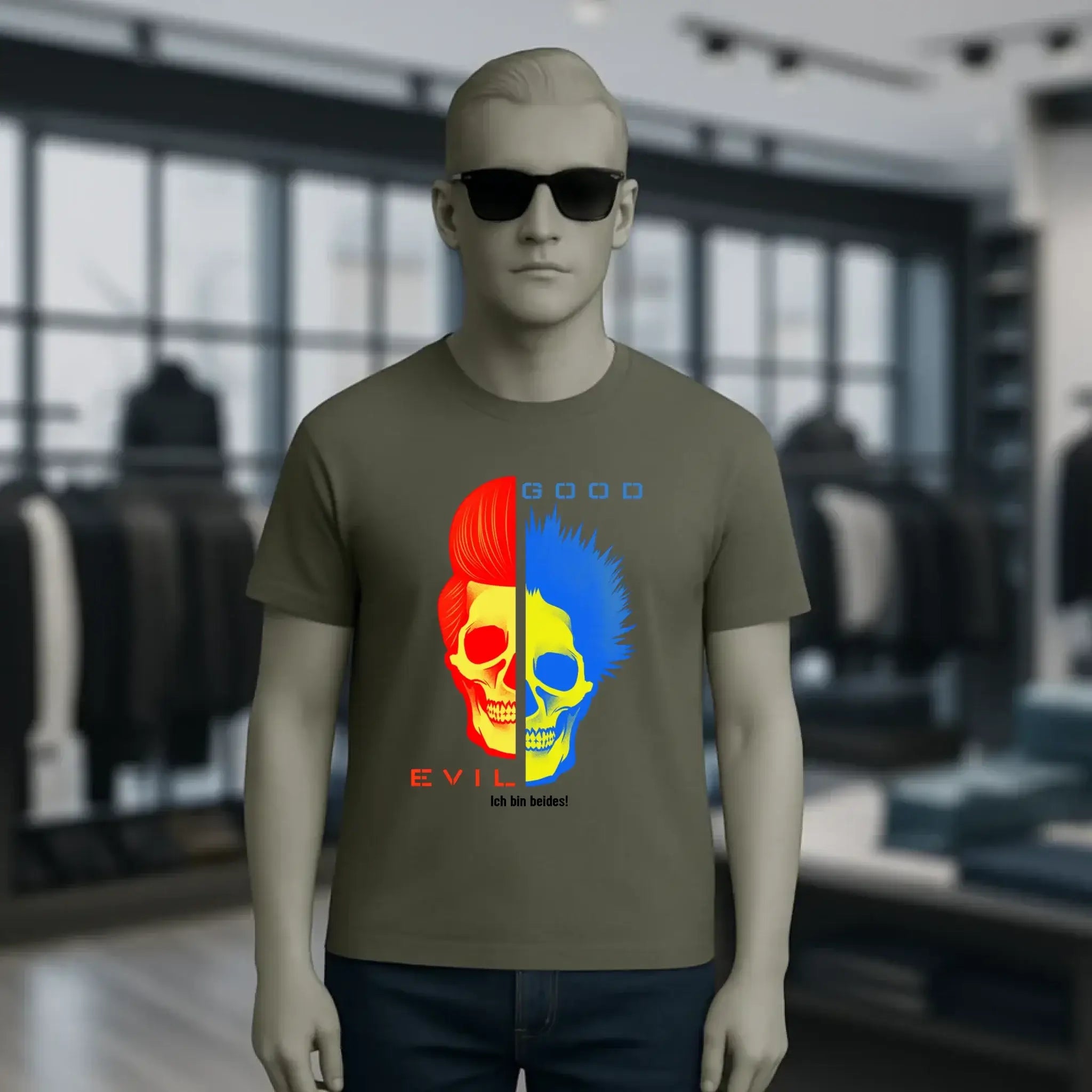 Mens olive green organic cotton t shirt with split color skull graphic red and blue hair good n evil text