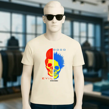 Beige organisches basic shirt mit kurzärmeln und rot blau gespaltenem schädelmotiv good n evil schriftzug