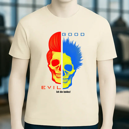Creamfarbiges cotton t-shirt goodn evil mit zweifarbiger skull grafik rot gelb blau und ich bin beides print organic basic shirt