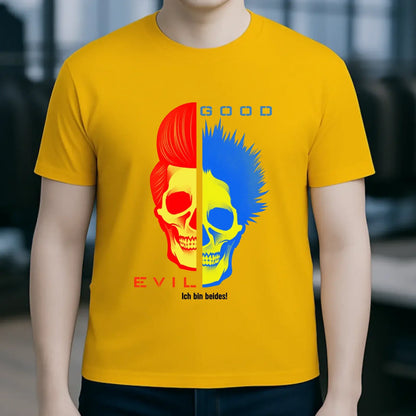 Leuchtendes gelbes good n evil organic basic shirt mit kurzärmeln und roter blauer gespaltenem schädelgrafik