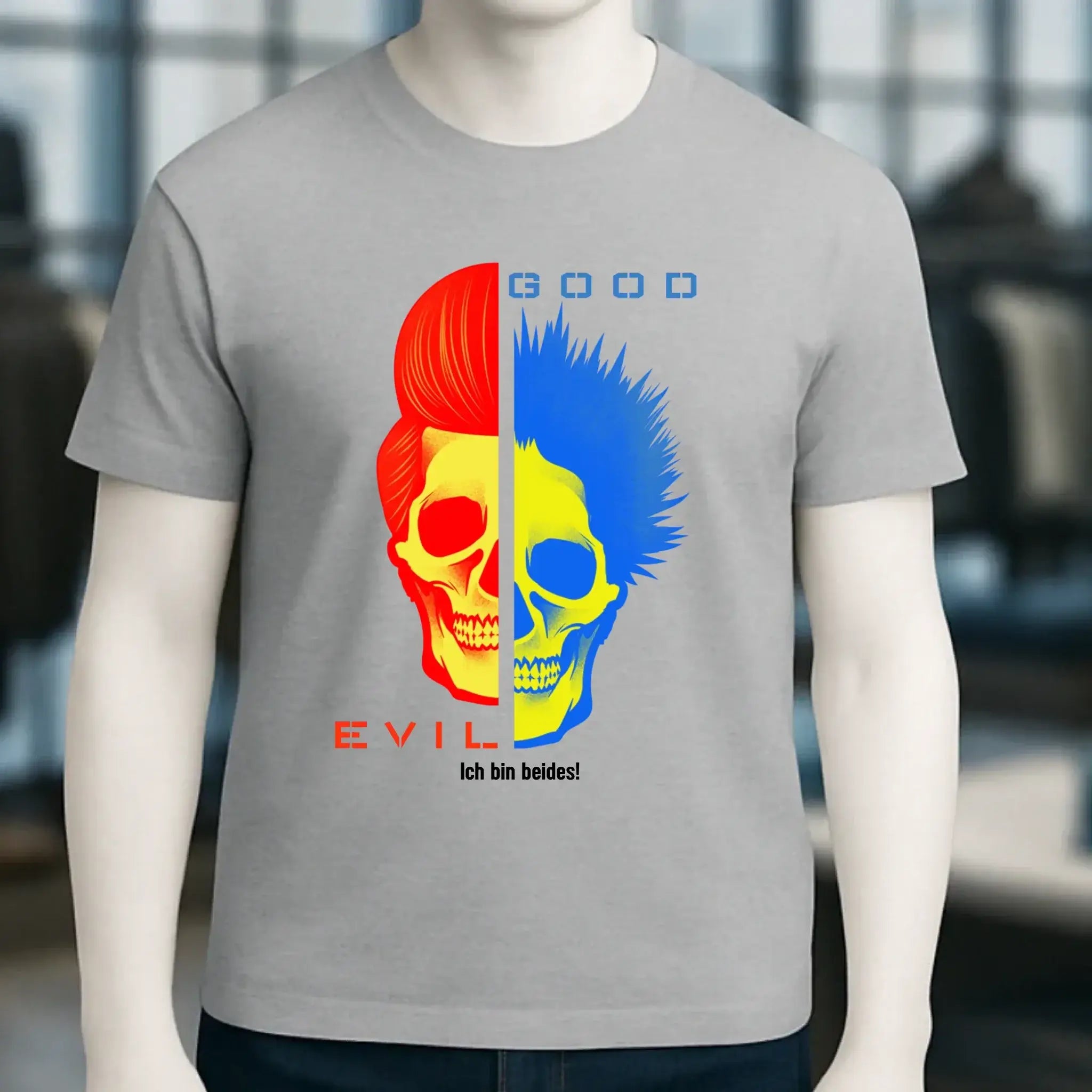 Graues bio baumwollshirt mit geteilter schädel grafik rot gelb böser pompadour blau gelb guter stacheliger mohawk
