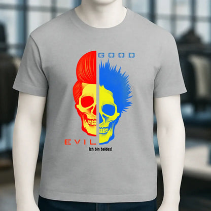Graues bio baumwollshirt mit geteilter schädel grafik rot gelb böser pompadour blau gelb guter stacheliger mohawk