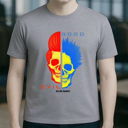 Gray cotton t-shirt with good and evil split skull graphic in red blue and yellow with german text organic basic shirt