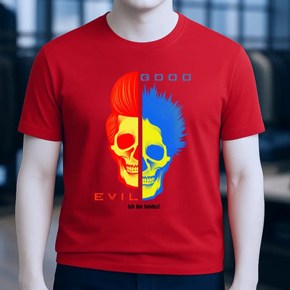 Rotes goodn evil bio basic shirt mit geteiltem schädelgrafik in orange gelb und blau auf der vorderseite