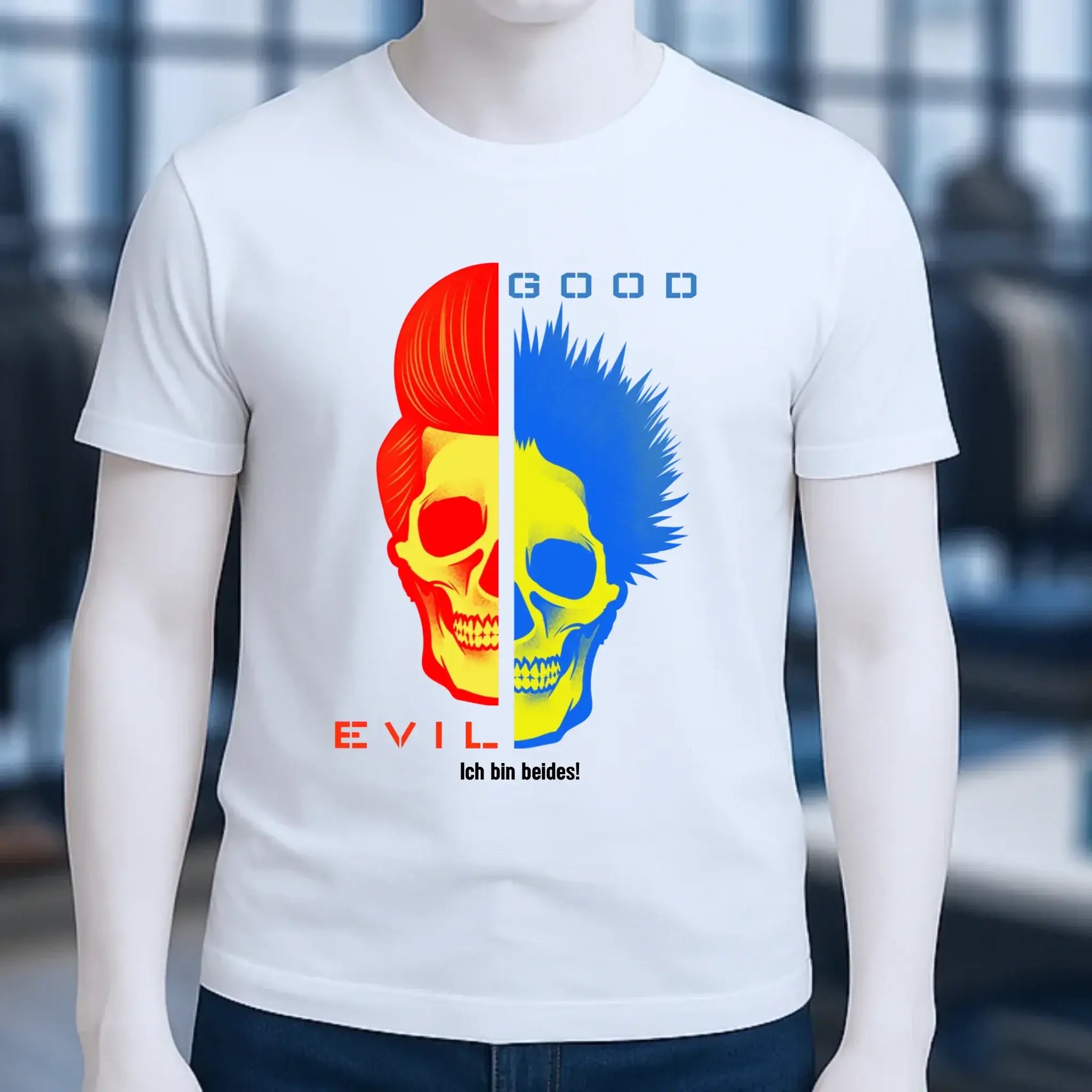 Weißes good n evil organic basic shirt mit gespaltenem skull in rot und blau auf der vorderseite