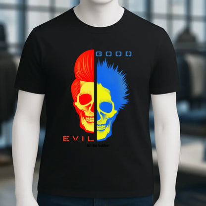 Schwarzes goodn´evil organic basic shirt mit geteiltem schädelprint in rot und blau auf der vorderseite