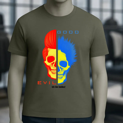 Olivegrünes good n evil bio baumwollshirt mit geteiltem schädel grafik in rot und blau auf der vorderseite