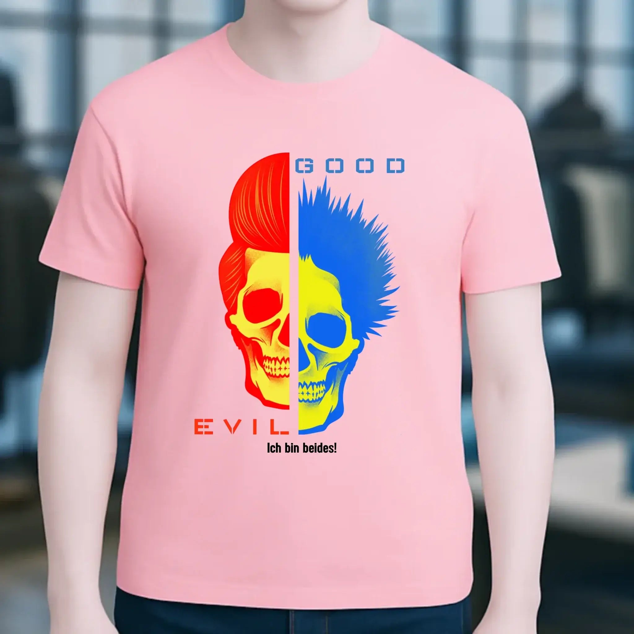 Pink kurzärmeliges organisches basic shirt mit geteiltem schädelgrafik in rot blau good n evil design