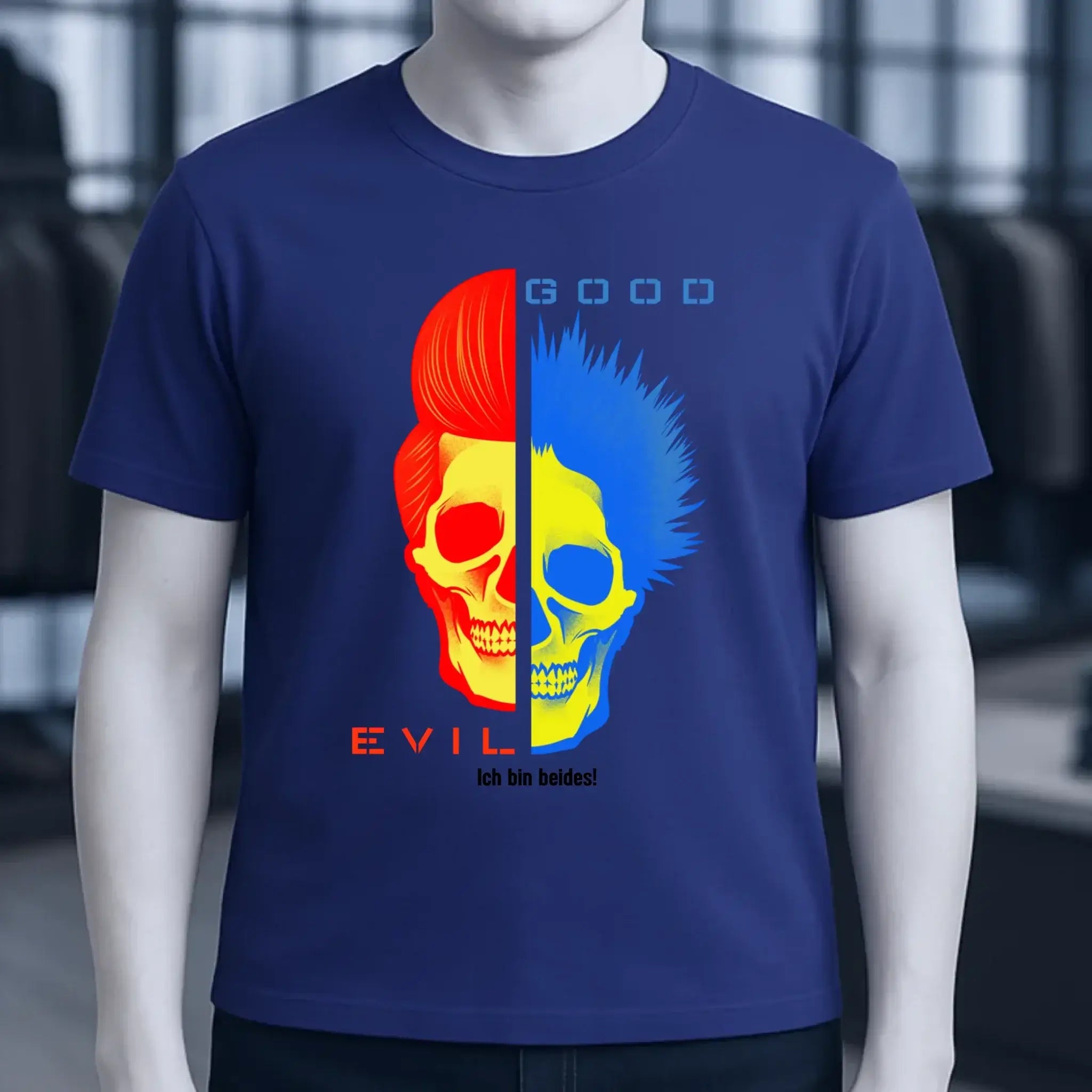 Marine blaue baumwoll tshirt goodn evil mit geteiltem schädel in rot und blau organic basic shirt