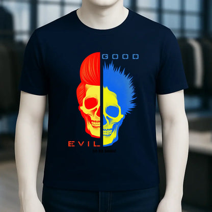 Schwarzes kurzarm-tshirt good n evil mit geteilter schädel-grafik in rot und blau aus bio-baumwolle