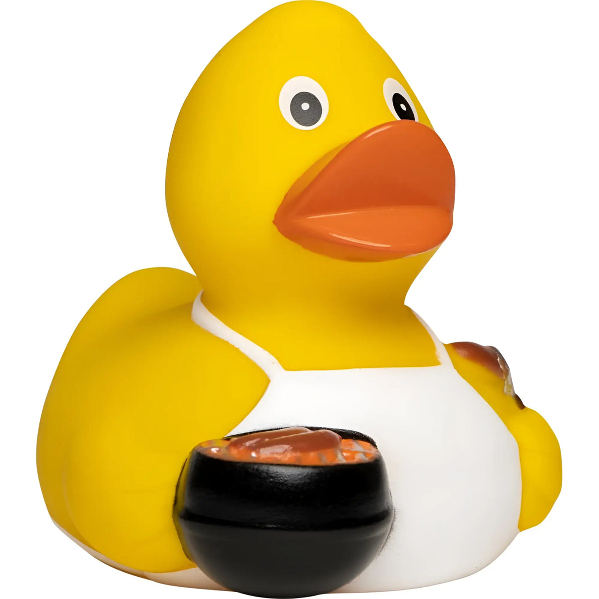 Gelbe grillmeister quietsche-ente in weißer schürze hält schwarze schale mit orangefarbenem essen