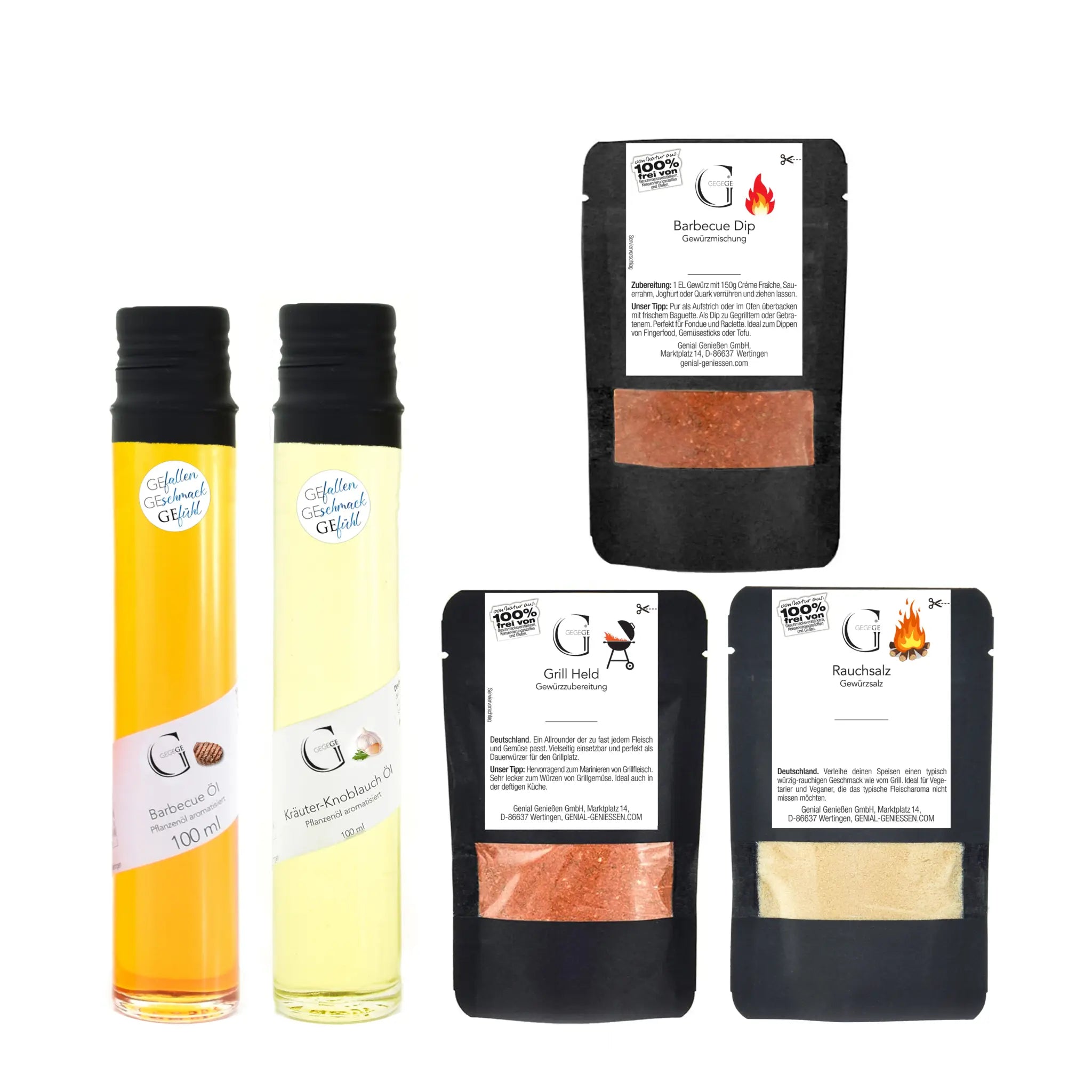 Set aus drei barbecue gewürzpäckchen und zwei ölflaschen mit schwarzen kapseln grillparty s alkoholfrei präsentkorb