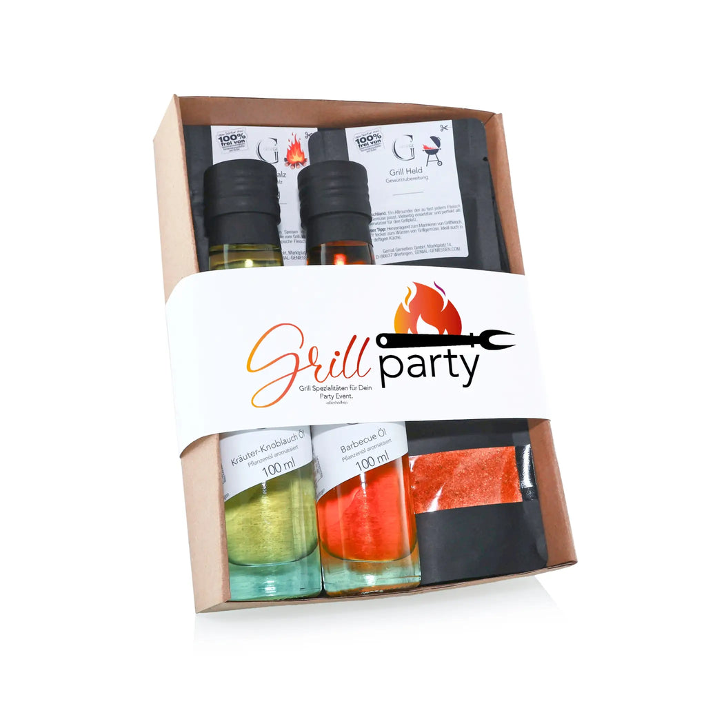 Grillparty S Geschenkset alkoholfrei mit aromatischen BBQ-Ölen und schwarzer Grillmatte im Präsentkorb