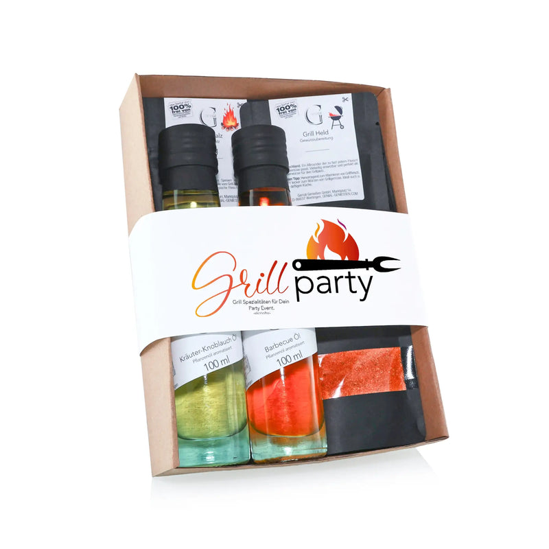 Grillparty S Geschenkset alkoholfrei mit aromatischen BBQ-Ölen und schwarzer Grillmatte im Präsentkorb