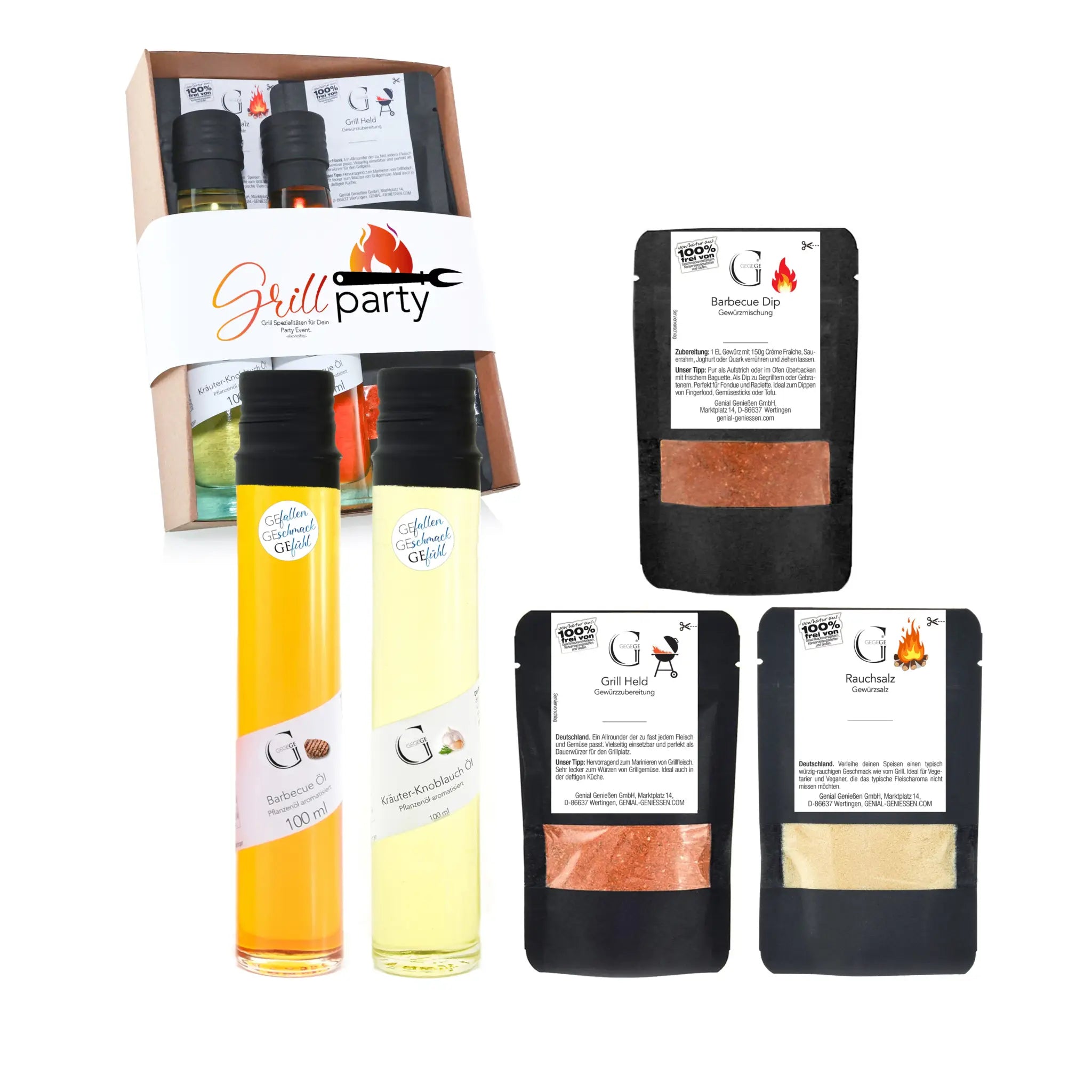 Grillparty s geschenkset alkoholfrei mit zwei glasflaschen barbecue öl und glaze plus drei schwarze pouches gewürzmischungen