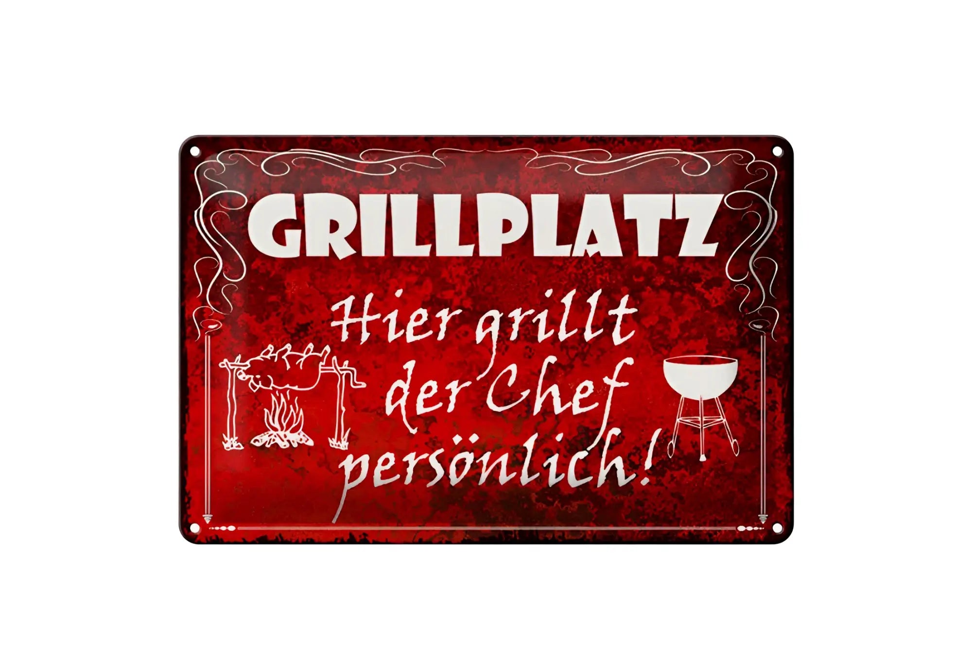 Rotes blechschild 20x30cm mit weißer schrift und grill sowie barbecue illustration für grillplatz
