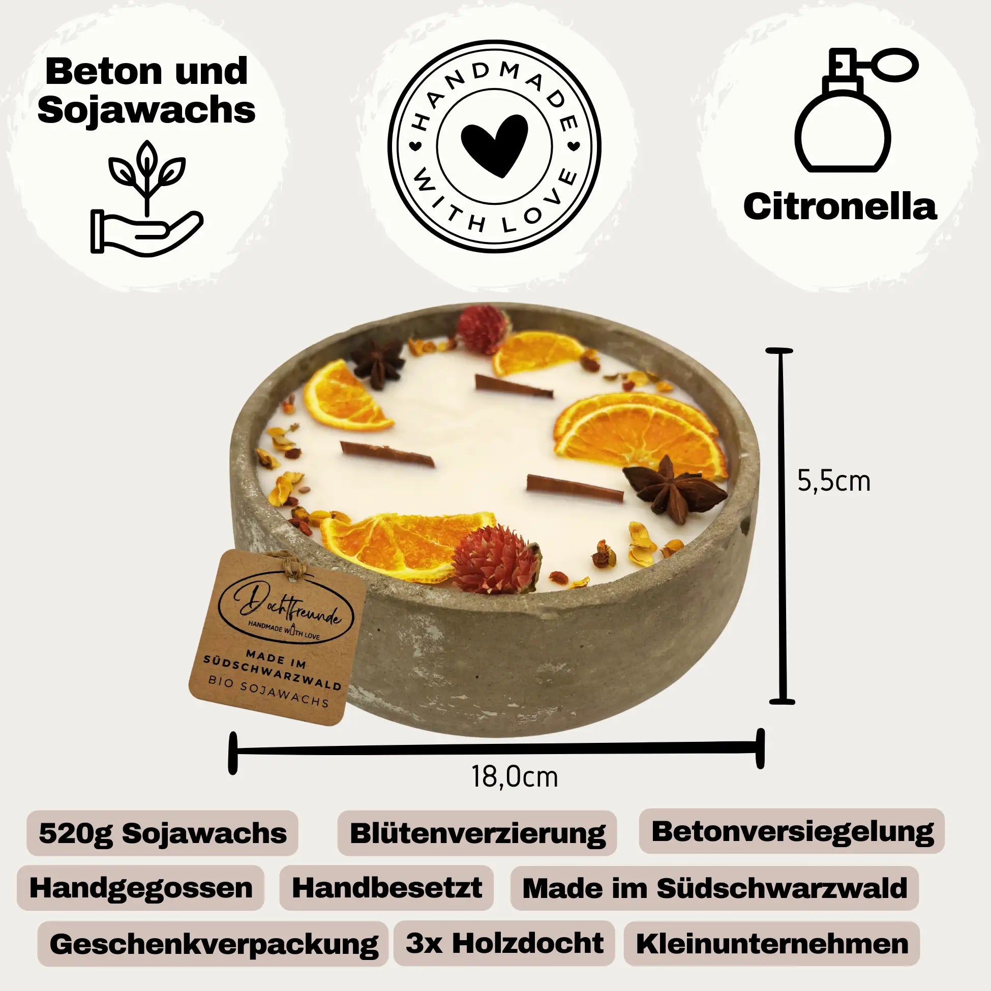 Große Outdoor Citronella-Betonkerze „Big Grey - Mugge Schreck“ – Mit drei Holdochten - Handgemachter Insektenschutz