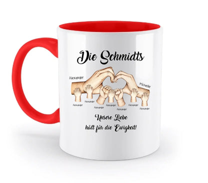 HÄNDE-Motiv mit 0-7 Kinder (personalisierbare Figuren) - Zweifarbige Tasse / Rubin-Red / 330ml - personalisierbare
