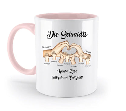 HÄNDE-Motiv mit 0-7 Kinder (personalisierbare Figuren) - Zweifarbige Tasse / Powder-Pink / 330ml - personalisierbare