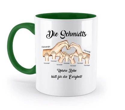 HÄNDE-Motiv mit 0-7 Kinder (personalisierbare Figuren) - Zweifarbige Tasse / Irish-Green / 330ml - personalisierbare