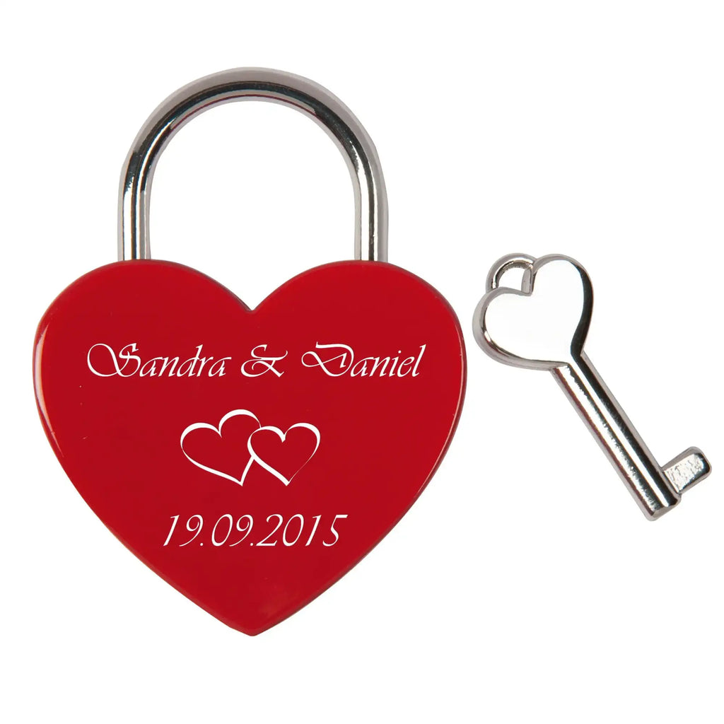 Rot herz vorhängeschloss mit silberrahmen und gravur sandra und daniel 19.09.2015 personalisierte geschenkidee