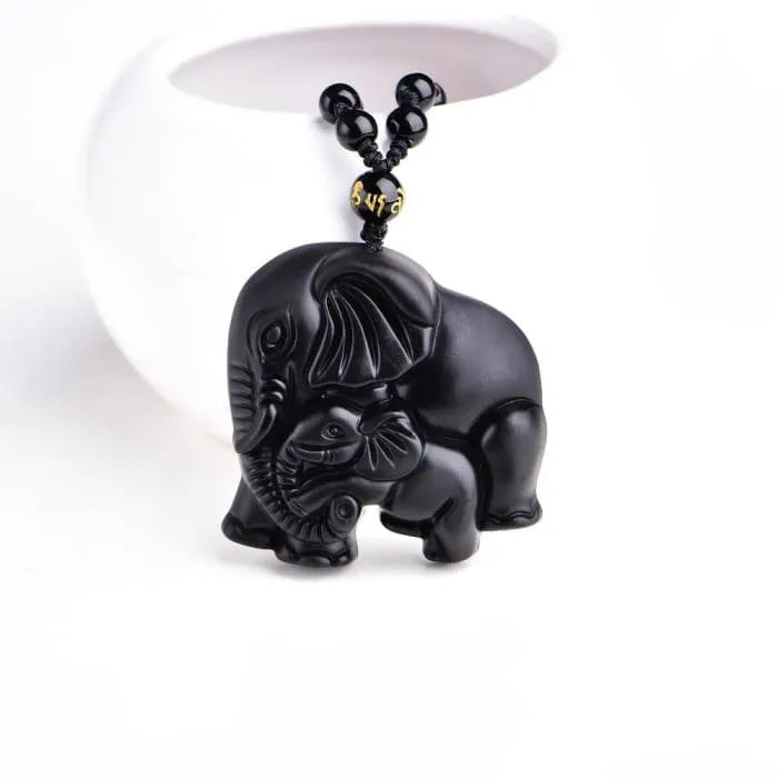 Halskette "Elefant und Schutz" aus schwarzem Obsidian • Esoterische Glücksbringer von HalloGeschenk.de