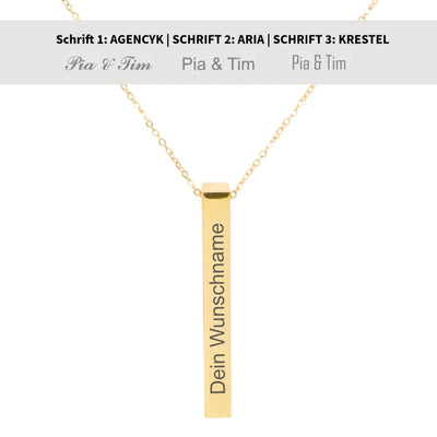Goldfarbene rechteckige halskette säule aus silber mit personalisierbarer gravur als geschenkidee
