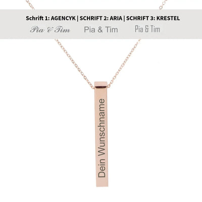 Rose gold rechteckiger gravierter bar anhänger an silber halskette säule mit wunschtext gravur personalisiert