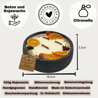Handbesetze XXL Outdoor Citronella-Betonkerze Black Edition „Big Black - Mugge Schreck“ – Mit drei Holdochten