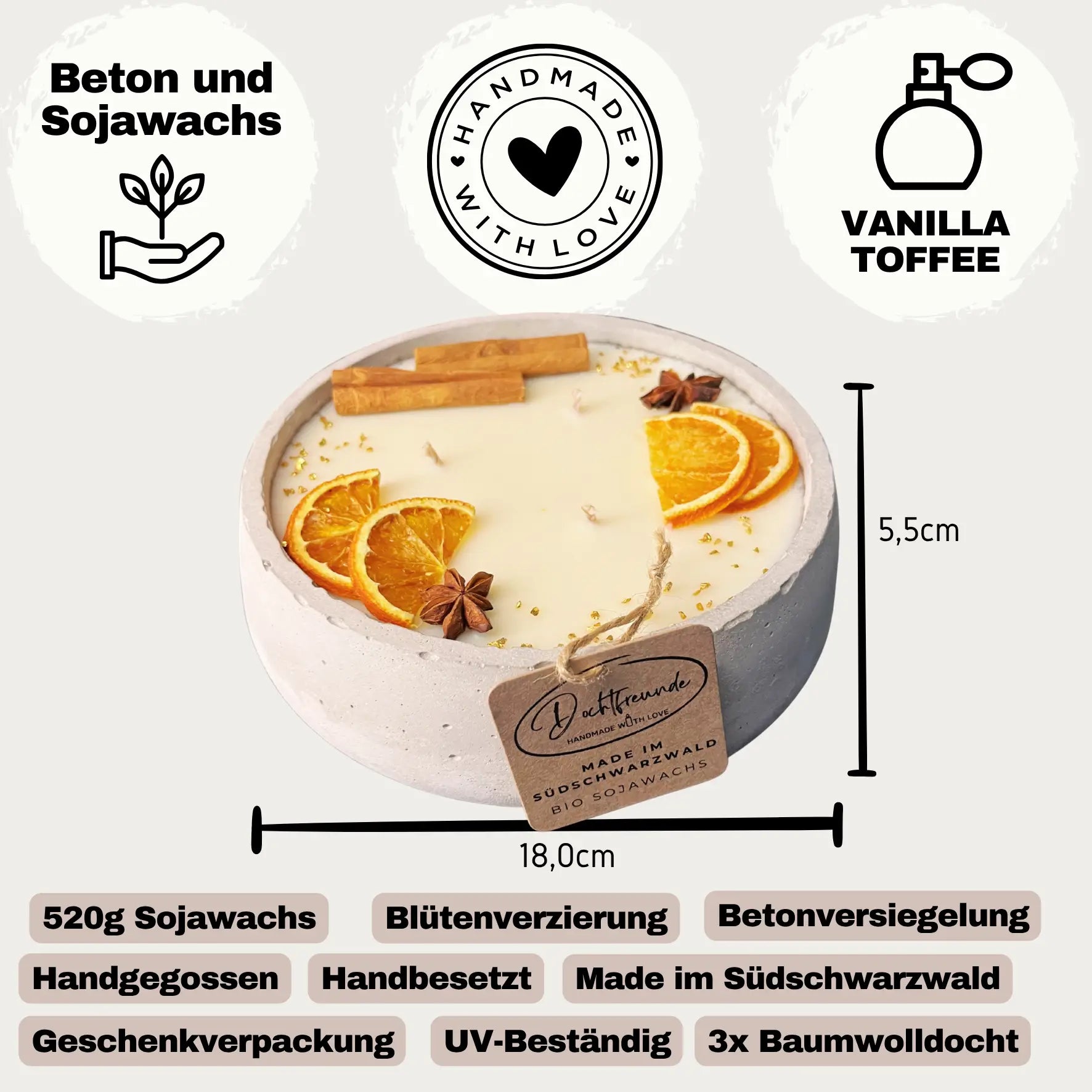 Handgemachte Betonkerze ’Big Grey’ 3x Baumwolldocht mit Duft Vanilla Toffee von DochtFreunde - Duftkerze