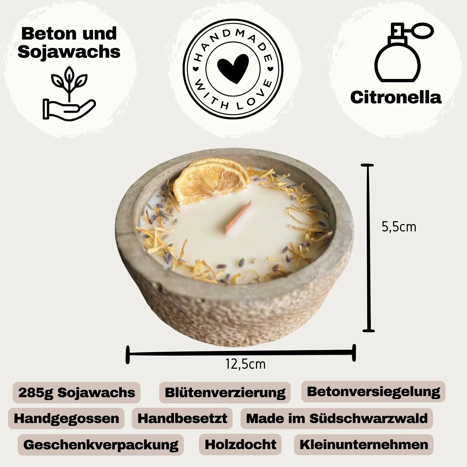 HANDGEMACHTE Citronella BETONKERZE Schwarz - Stilvolle Sojawachskerze für Ihr Zuhause. Outdoor Kerze
