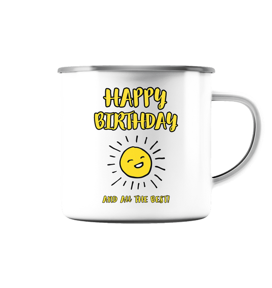Happy Birthday and all the best (dunkler Rand) - Emaille Tasse (Silber) - HalloGeschenk.de #geschenkideen# #personalisiert# #geschenk#