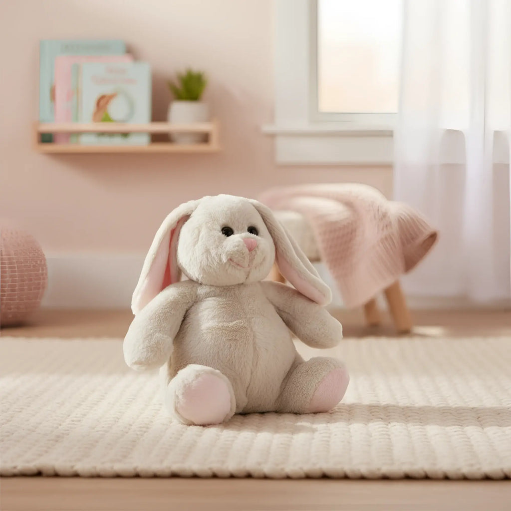 A weiches cremefarbenes plüschtier hase martha mit langen schlappen ohren und oeko-tex-zertifikat sitzt auf teppich