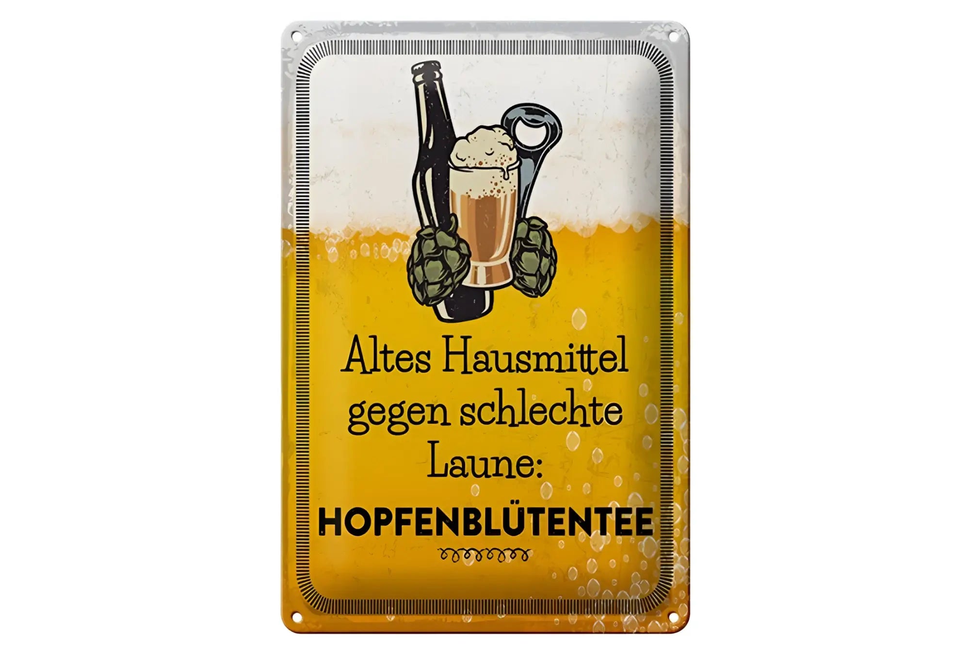 Vintage-metallschild mit biermotiv und deutschem text hausmittel gegen schlechte laune für bierliebhaber