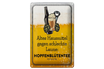 Vintage-metallschild mit biermotiv und deutschem text hausmittel gegen schlechte laune für bierliebhaber