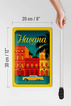 gelber metall blechschild 20x30cm mit vintage havana kuba motiv und retro auto vor bunter architektur