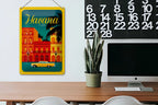Leuchtendes gelb gerahmtes blechschild 20x30cm mit retro illustration von roten häusern palmen und gelbem auto in havana cuba