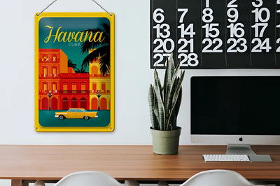 Leuchtendes gelb gerahmtes blechschild 20x30cm mit retro illustration von roten häusern palmen und gelbem auto in havana cuba